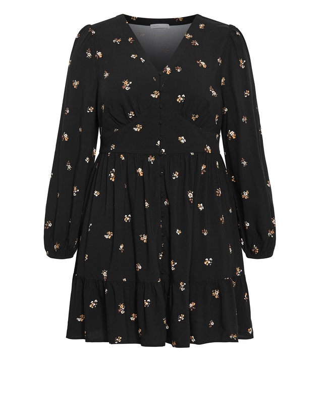 City Chic - Plus size Elsie Print Long Sleeve Mini Dress - black