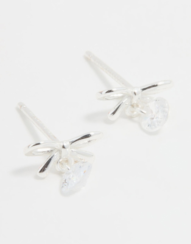 Lovisa - Sterling Silver Cubic Zirconia Bow & Drop Stud Earrings