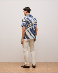 Trenery - Cotton Abstract Stripe Short Sleeve Shirt in Duck Egg Blue