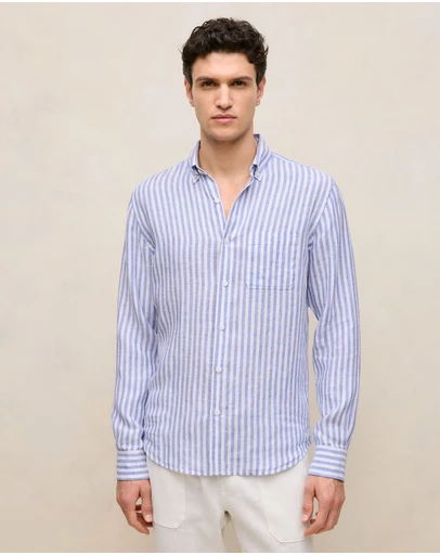 Trenery - Regular Fit Linen Bengal Stripe Shirt in Vivid Blue