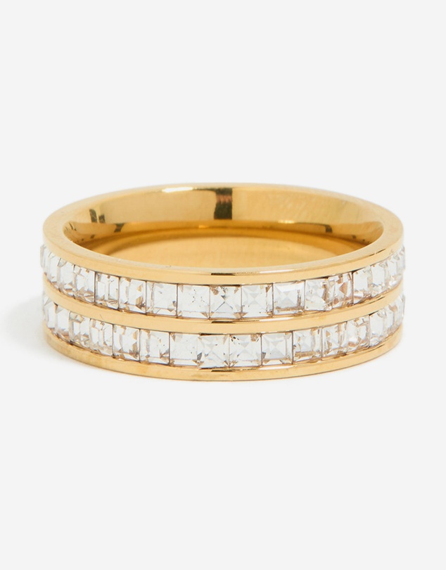 Lovisa - Waterproof Gold Plated Stainless Steel Square Cubic Zirconia Double Layered Ring