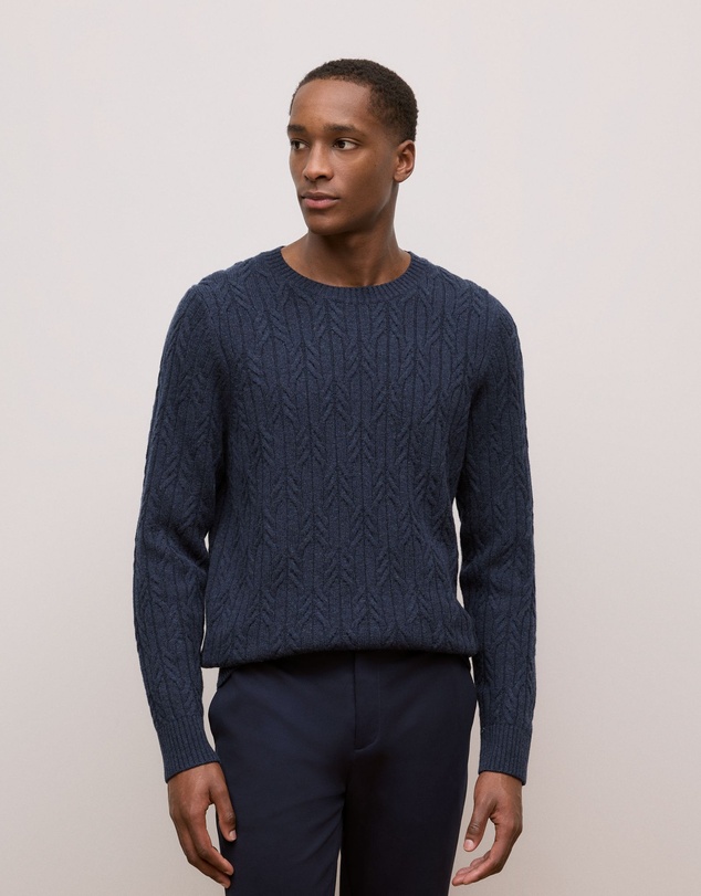 Trenery - Merino Cable Knit Crew in Navy