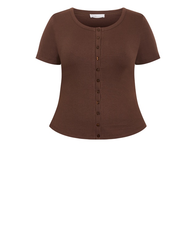 City Chic - Plus size Button Through Short Sleeve Top - chocolate
