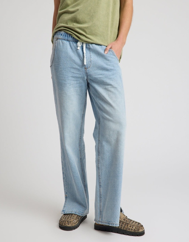 ONE TEASPOON - Roadhouse Mid Waist Wide Leg Drawstring Denim Jean - Riviera Blue