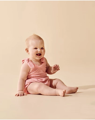 Wilson & Frenchy - Petal Pink Check Organic Terry Tie Playsuit - Babies