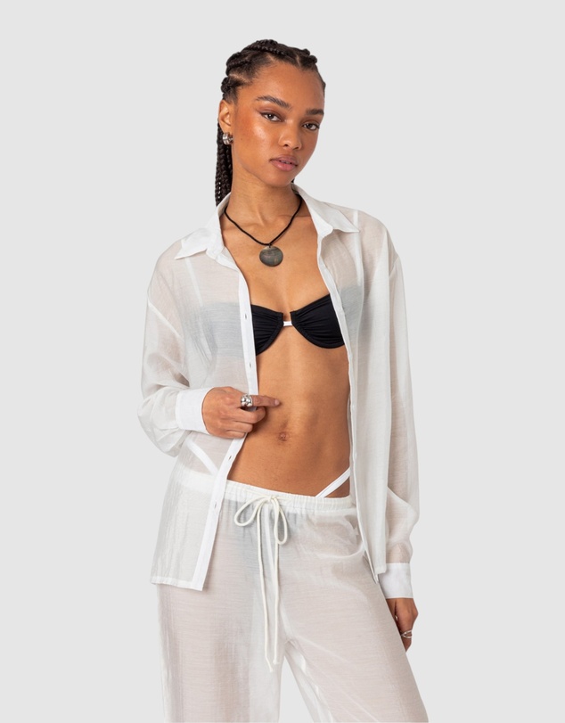 EDIKTED - Breezy Oversized Sheer Button Up Shirt