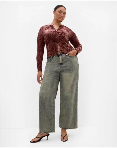 City Chic - Plus size Devore Flock Print Top - choc cherry