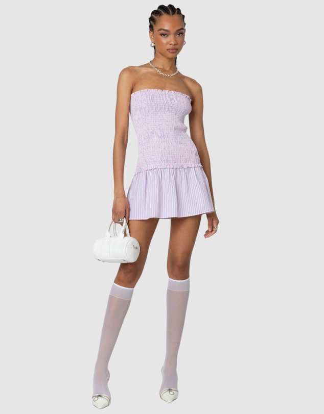 EDIKTED - Striped Scrunch Strapless Mini Dress