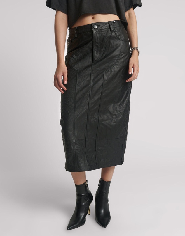 ONE TEASPOON - Cassidy Leather Column Midi Skirt - Black