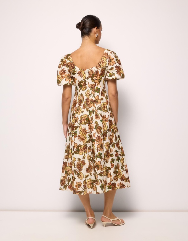 Revibe - Repaired AERE Paloma Linen Puff Sleeve Midi Dress - AU 10