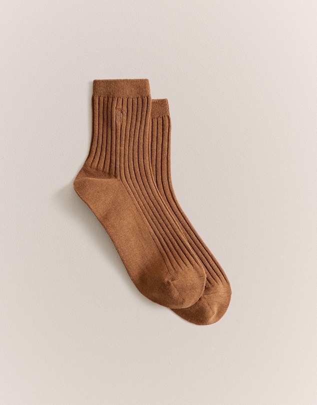 Trenery - Monogram Rib Crew Sock in Dark Camel