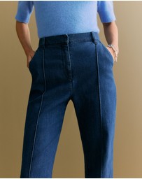 Trenery - Australian Cotton Blend Denim Pintuck Pant in Mid Blue Denim