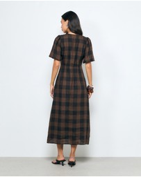 AERE - Inka Linen Gingham Puff Sleeve Midi Dress