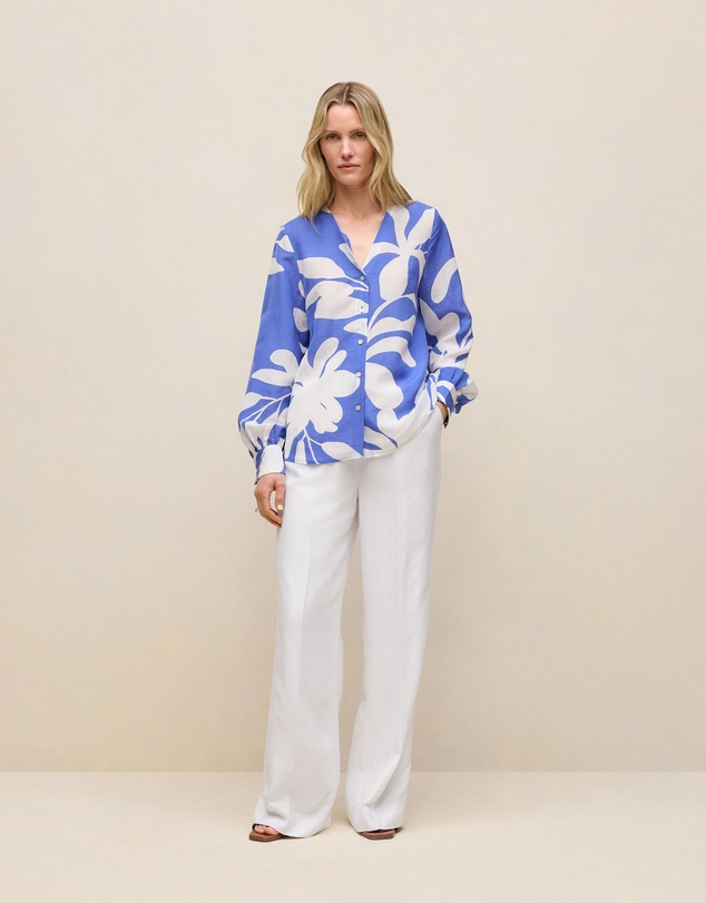 Trenery - Marea Textured V Neck Blouse in Vivid Blue