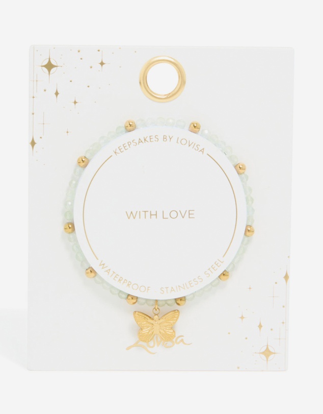 Lovisa - Waterproof Gold Plated Stainless Steel Green Semi Precious Stone Butterfly Stretch Bracelet
