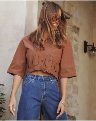 Petal & Pup - Williams Cropped Eyelet Button Up Shirt - Brown