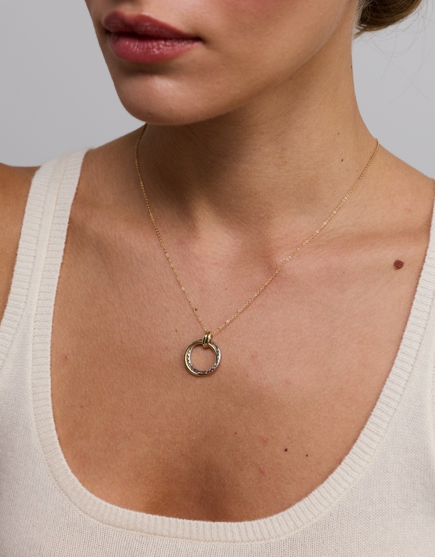Michael Hill - Two-Tone Double Circle Pendant Hammered Finish Necklace in 10kt White and Yellow Gold