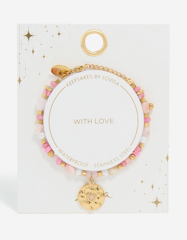 Lovisa - Waterproof Gold Plated Stainless Steel Rose Quartz Semi Precious Coin Bracelet