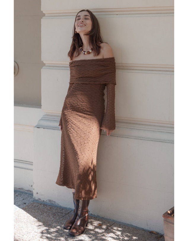 Petal & Pup - Wilma Off Shoulder Dress - Brown
