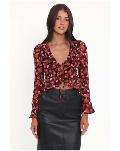 Petal & Pup - Aveline Chiffon Ruffle Front Top - Brown Floral