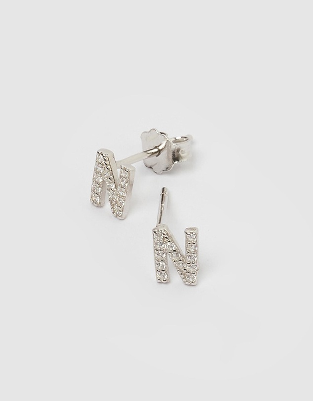 Izoa - Alphabet Mini Letter N Stud Earrings Silver