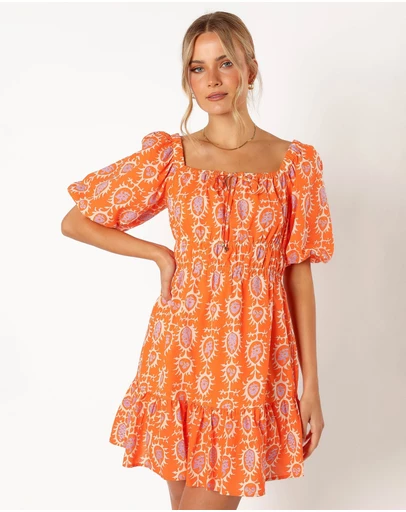 Petal & Pup - Carmen Off Shoulder Mini Dress - Orange Print