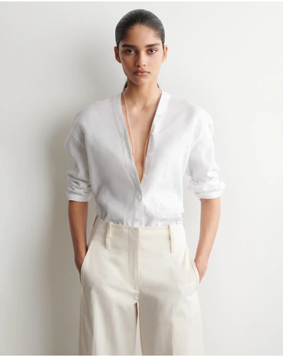 COS - Button-Detail Linen V-Neck Shirt