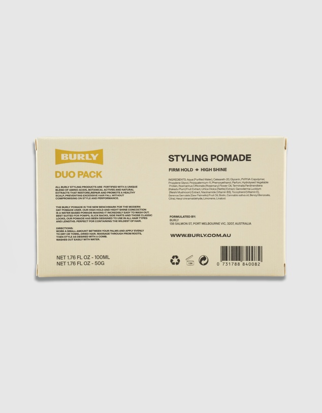 BURLY - DUO Pack - Styling Pomade - Water Based - High Shine - Firm Hold - Australian Made
