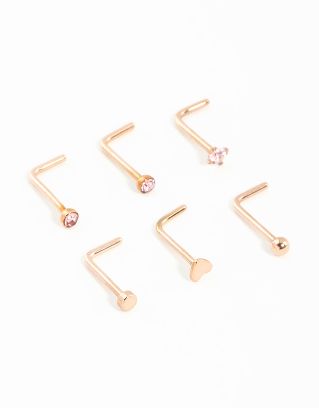 Lovisa - Rose Gold Plated Surgical Steel Heart & Diamante Nose Studs 6-Pack