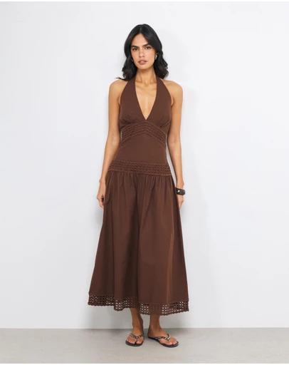AERE - Evi Crochet Panel Halter Midi Dress