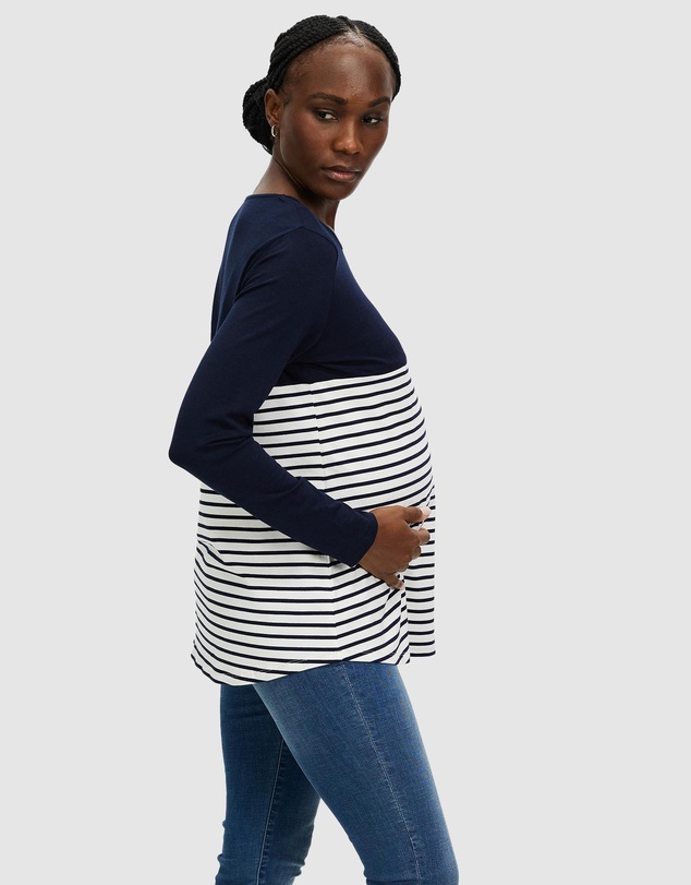 Angel Maternity - Cleo Maternity & Nursing Long Sleeve Top in Navy Stripe