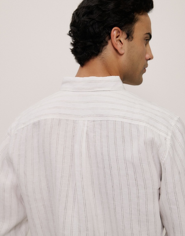 Trenery - Regular Fit Delave Linen Fine Stripe Shirt in White