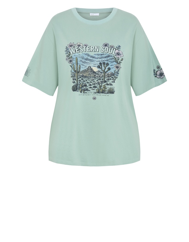 City Chic - Plus size Western Soul Oversized Tee - sage