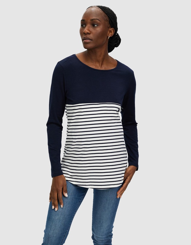 Angel Maternity - Cleo Maternity & Nursing Long Sleeve Top in Navy Stripe