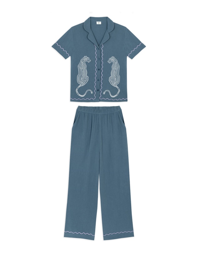 Chelsea Peers - Leopard Embroidery Short Sleeve Revere and Wide Leg Pyjama Set