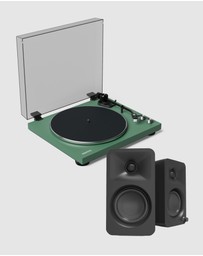 iWorld - Kanto OBI3 Turntable - Matte Green with Kanto ORA 100W Powered Speakers - Black Bundle