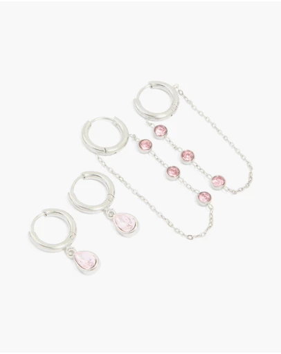 Lovisa - Waterproof Stainless Steel Pink Cubic Zirconia Chain Droplet & Classic Huggie Earrings 2-Pack