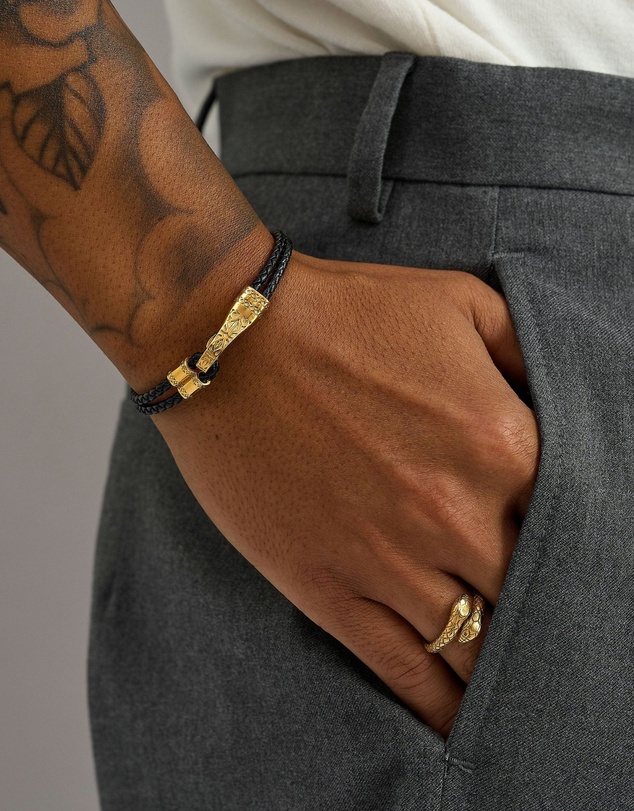 Nialaya Jewellery - Black Leather Bracelet with Gold Clasp