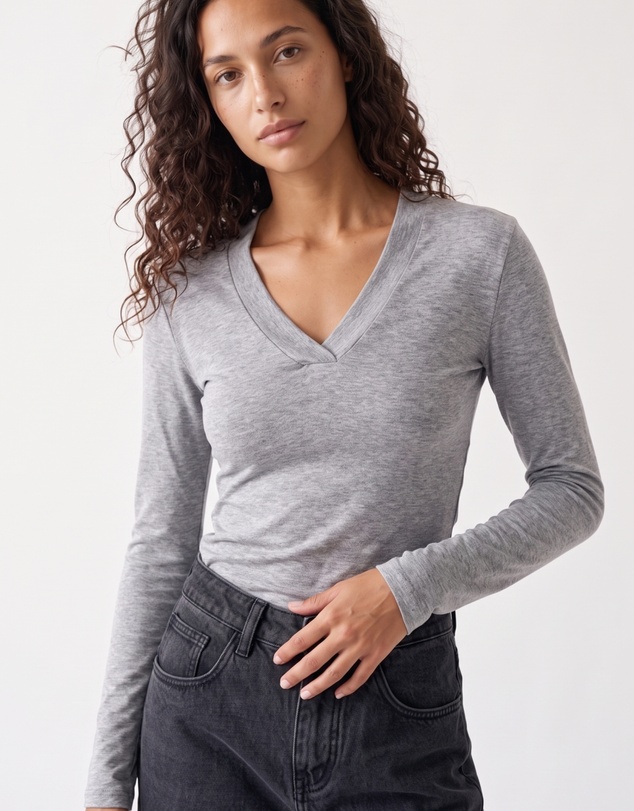 Style Addict - Margaux Deep V Henley Top - Grey