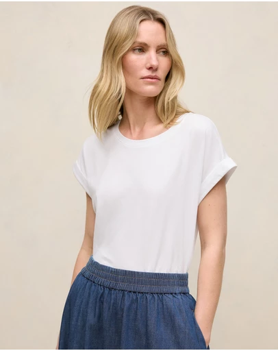Trenery - Cotton Cuff Sleeve T-shirt in White