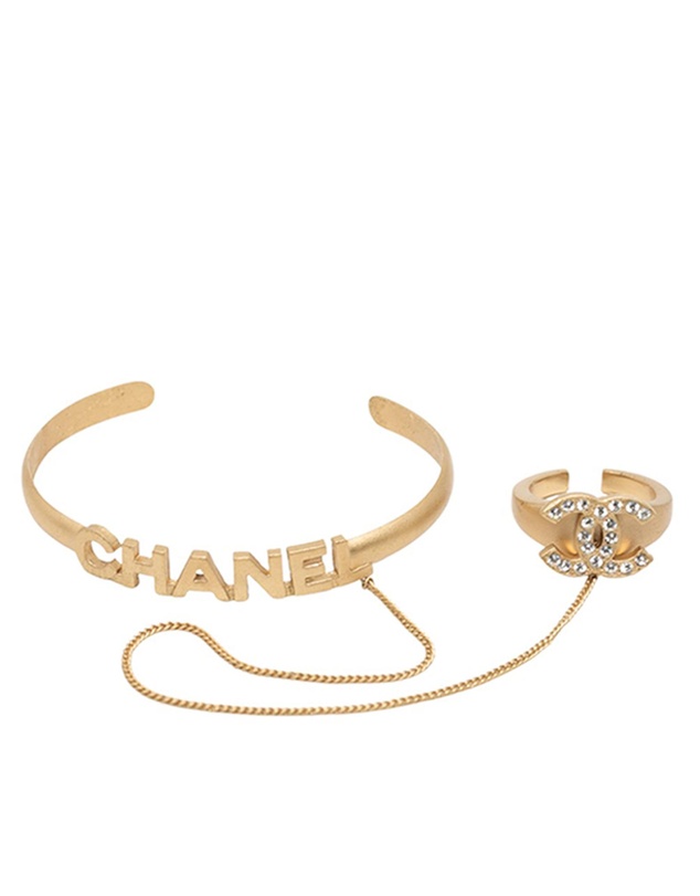 Pre-Loved by Azura Reborn - Pre-Loved CC Gold Plated Rhinestone Logo Cuff Bracelet and Ring Set