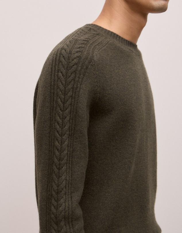 Trenery - Merino Cable Detail Crew in Winter Moss