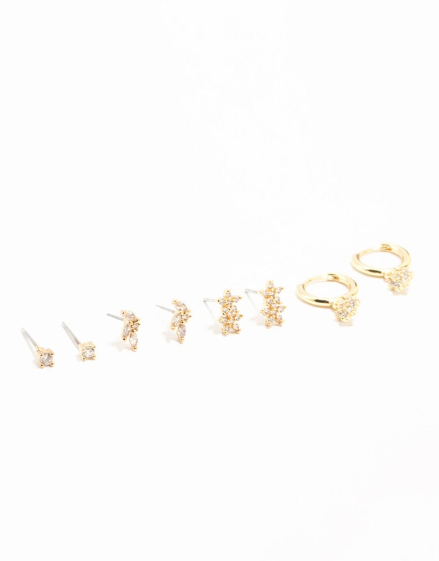 Lovisa - Gold Plated Brass Cubic Zirconia Flower Earrings 4-Pack