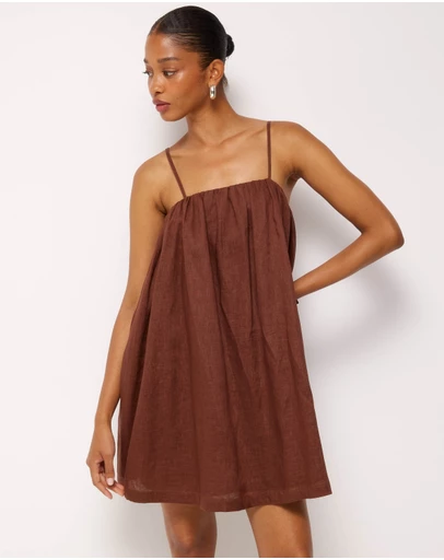 AERE - Liv Linen Gathered Neckline Mini Dress