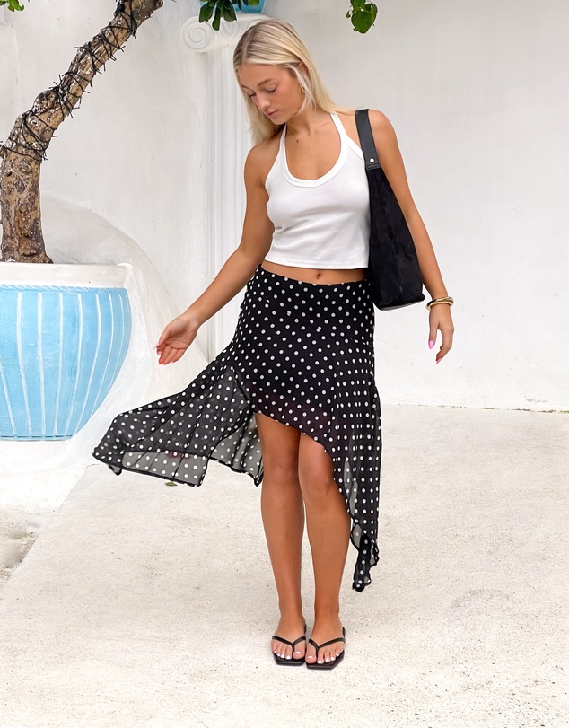 Beginning Boutique - Khalea Black Polka Dot Hanky Hem Midi Skirt