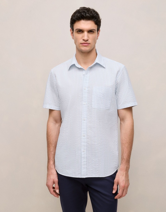Trenery - Regular Fit Seersucker Stripe Pocket Shirt in Ice Blue