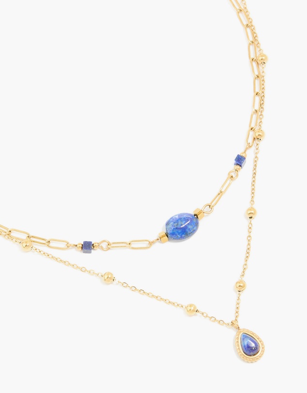 Lovisa - Waterproof Gold Plated Stainless Steel Lapis Lazuli Semi Precious Stone Chain Layered Necklace