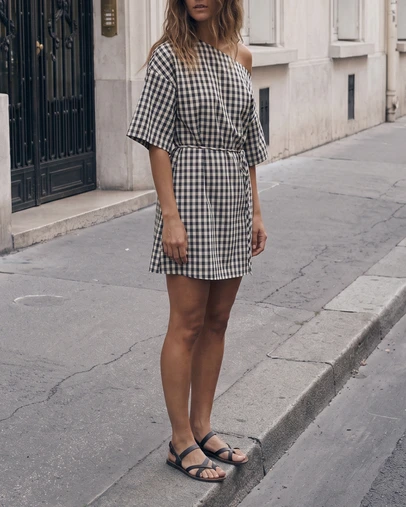 Atmos&Here - Olive Off Shoulder Gingham Mini Dress With Tie Waist