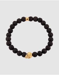 Kuzzoi - ICONIC EXCLUSIVE - Bracelet Men Skull Bead Robust with Black Lava Beads in 925 Sterling Silver Gold Plated