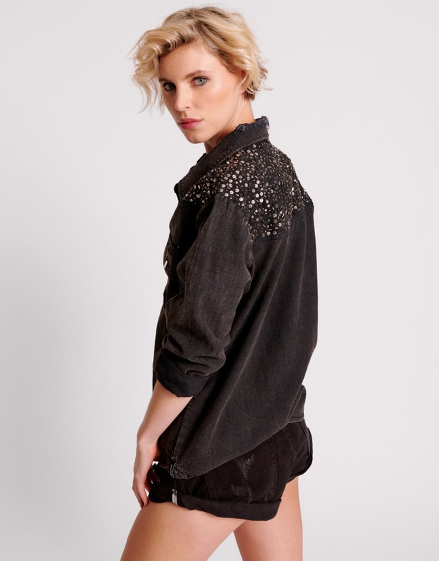 ONE TEASPOON - Black Hand Embellished Denim Western Shirt